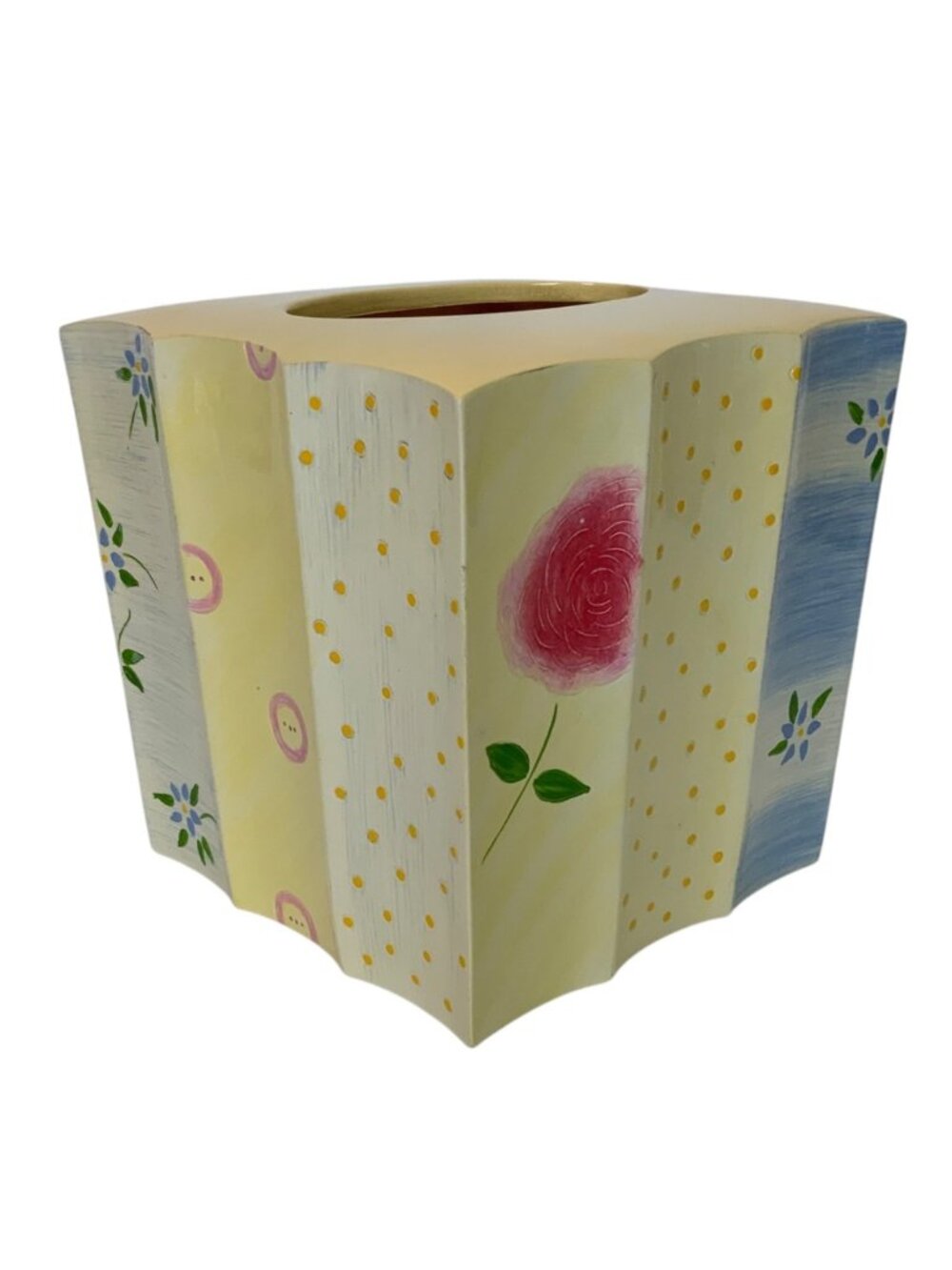 Hand-Painted Wooden Tissue Box Cover Yellow White Floral Design Cottage